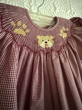 Mississippi State Smocked Bishop Bulldog Dress - Maroon + White Gingham, S